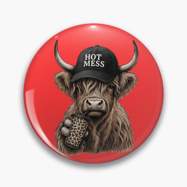 Item preview, Scottish Highland cow wearing a black baseball cap with the words 'HOT MESS' on it designed and sold by 123ks.