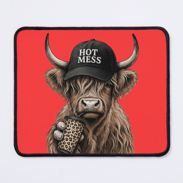 Item preview, Scottish Highland cow wearing a black baseball cap with the words 'HOT MESS' on it designed and sold by 123ks.