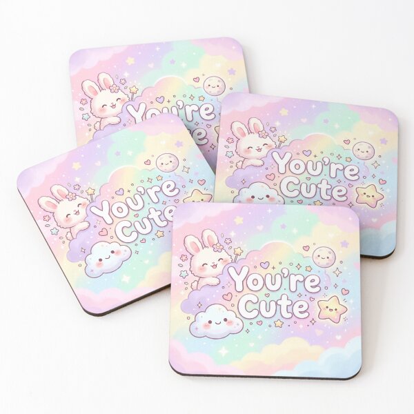 Item preview, Kawaii You're Cute Bunny Fairies with Pastel Rainbow Clouds a Moon and Stars designed and sold by MakersFolly.