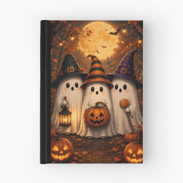Item preview, Cute Ghost Trio in Witch Hats: Halloween Autumn Forest Celebration under Full Moon designed and sold by Dreamy Armine Art.