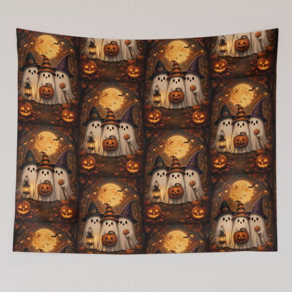 Item preview, Cute Ghost Trio in Witch Hats: Halloween Autumn Forest Celebration under Full Moon designed and sold by Dreamy Armine Art.