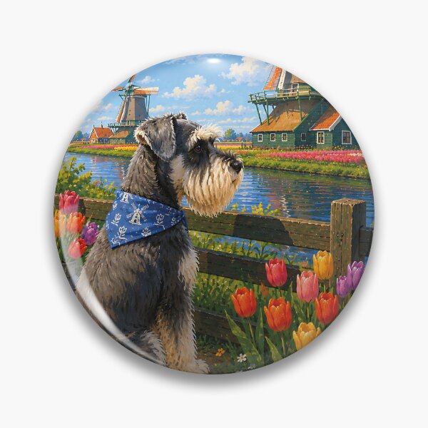 Item preview, Schnauzer observing the windmills of Kinderdijk designed and sold by Nomad-Paws.