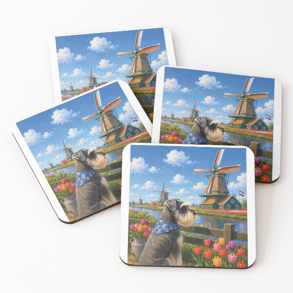 Item preview, Schnauzer observing the windmills of Kinderdijk designed and sold by Nomad-Paws.