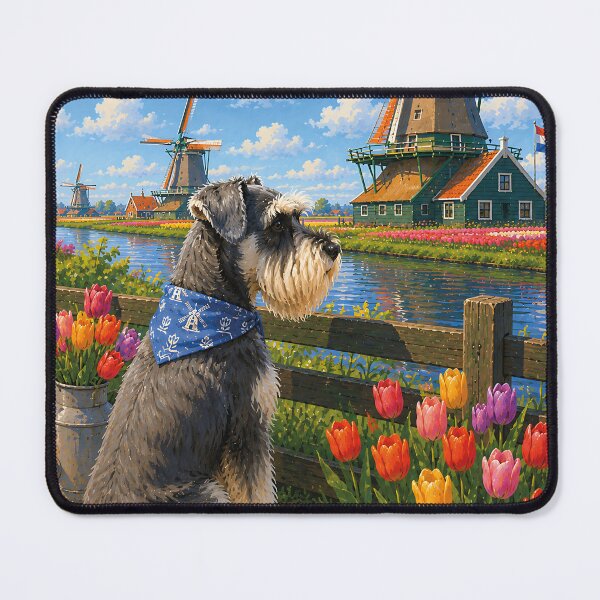 Item preview, Schnauzer observing the windmills of Kinderdijk designed and sold by Nomad-Paws.