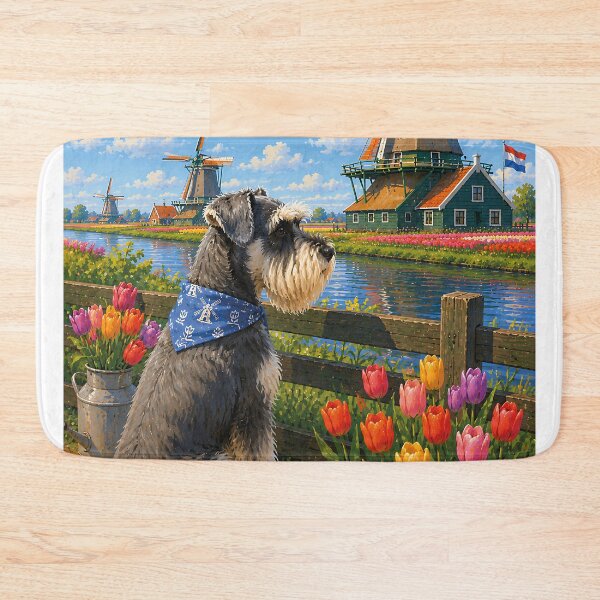 Item preview, Schnauzer observing the windmills of Kinderdijk designed and sold by Nomad-Paws.