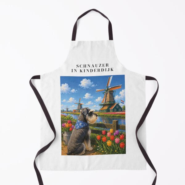 Item preview, Schnauzer observing the windmills of Kinderdijk designed and sold by Nomad-Paws.