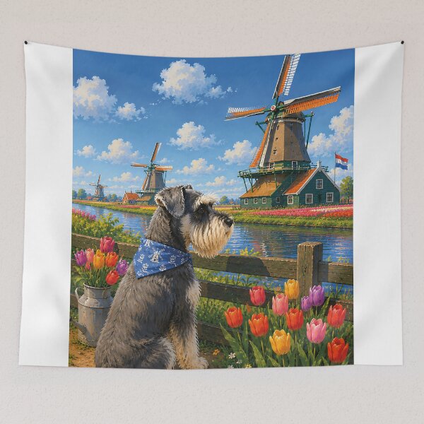 Item preview, Schnauzer observing the windmills of Kinderdijk designed and sold by Nomad-Paws.