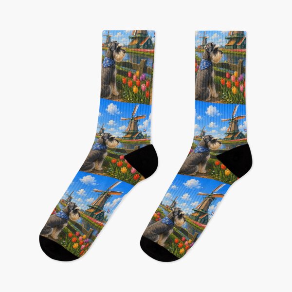 Item preview, Schnauzer observing the windmills of Kinderdijk designed and sold by Nomad-Paws.