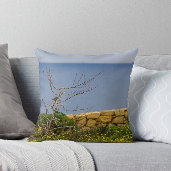 Item preview, Lonely Bare Tree With Small Bird by Stone Wall Overlooking Calm Sea and Wildflower Coastline designed and sold by Nmallia.