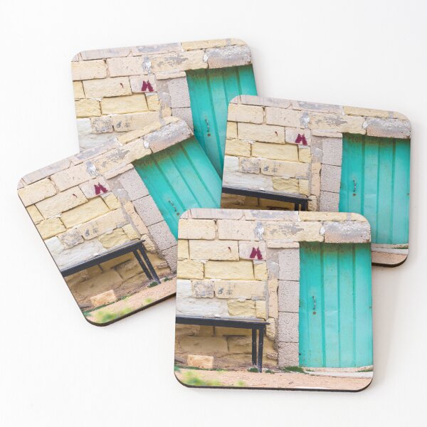 Item preview, Turquoise Wooden Door Set in Weathered Stone Wall With Old Black Table and Rustic Charm designed and sold by Nmallia.