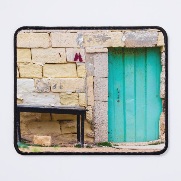 Item preview, Turquoise Wooden Door Set in Weathered Stone Wall With Old Black Table and Rustic Charm designed and sold by Nmallia.