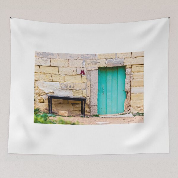 Item preview, Turquoise Wooden Door Set in Weathered Stone Wall With Old Black Table and Rustic Charm designed and sold by Nmallia.