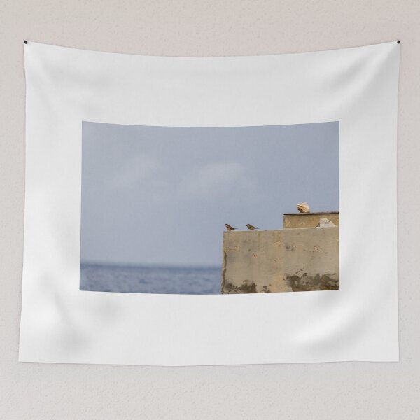 Item preview, Two Sparrows Perched on Weathered Concrete Wall Overlooking Calm Sea and Soft Sky designed and sold by Nmallia.