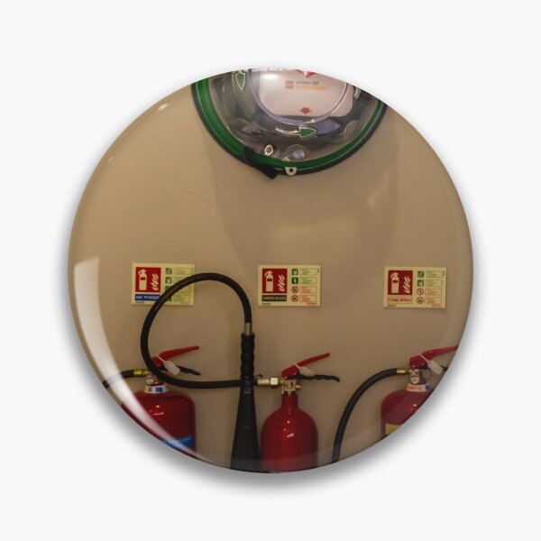 Item preview, Wall-Mounted Fire Extinguishers and Automated External Defibrillator Above Safety Signage in Hallway designed and sold by Nmallia.