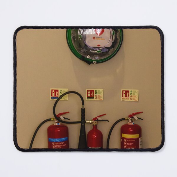 Item preview, Wall-Mounted Fire Extinguishers and Automated External Defibrillator Above Safety Signage in Hallway designed and sold by Nmallia.