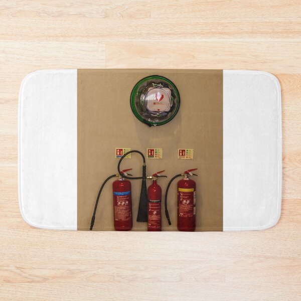 Item preview, Wall-Mounted Fire Extinguishers and Automated External Defibrillator Above Safety Signage in Hallway designed and sold by Nmallia.