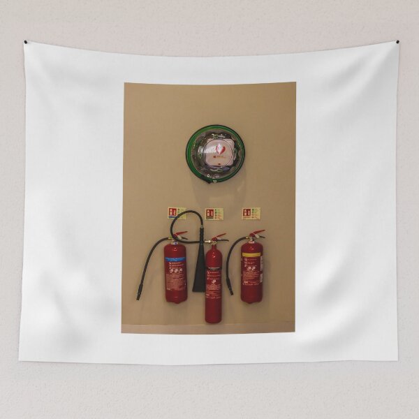 Item preview, Wall-Mounted Fire Extinguishers and Automated External Defibrillator Above Safety Signage in Hallway designed and sold by Nmallia.