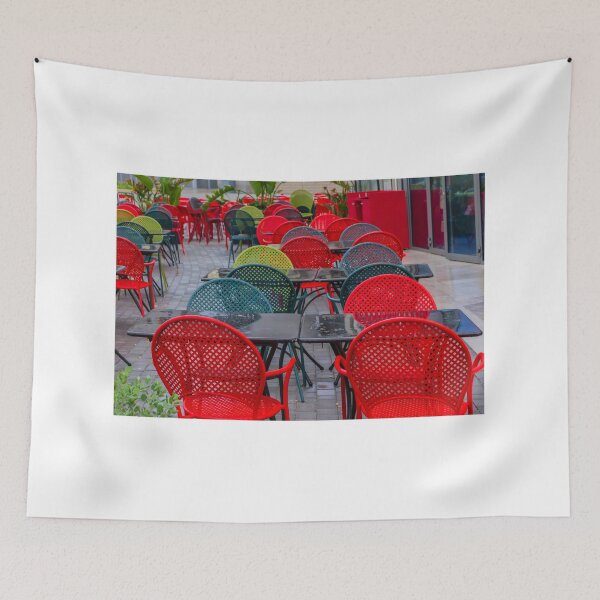Item preview, Colorful Outdoor Cafe With Red Metal Chairs And Black Tables In Urban Patio Seating designed and sold by Nmallia.
