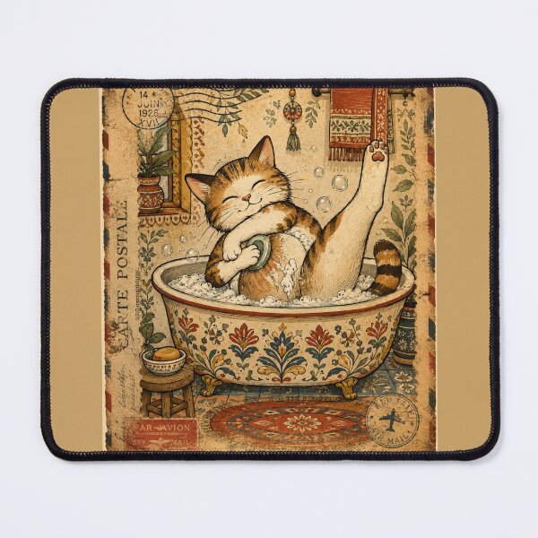 Item preview, Vintage Spa Day Cat | Bubble Bath Kitty | Cottagecore Folk Art | Retro Postal Stamp Cat Lover Gift designed and sold by HOUSE OF TIST.