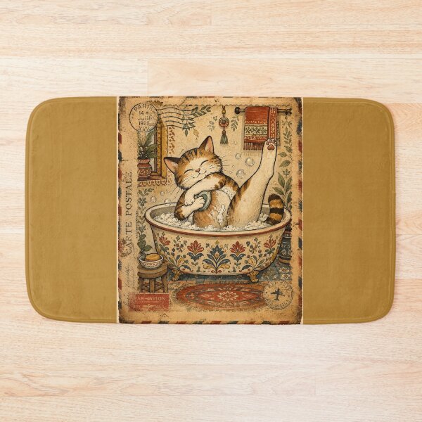 Item preview, Vintage Spa Day Cat | Bubble Bath Kitty | Cottagecore Folk Art | Retro Postal Stamp Cat Lover Gift designed and sold by HOUSE OF TIST.