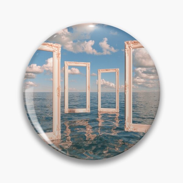 Item preview, Surreal Seascape Conceptual Art: Ornate Empty Pink Frames Floating on Wavy Sea under Cloudy Blue Sky designed and sold by BigD shop.