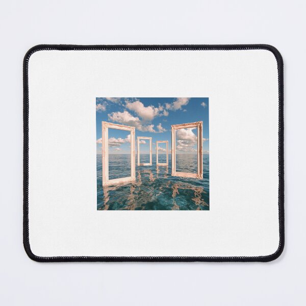 Item preview, Surreal Seascape Conceptual Art: Ornate Empty Pink Frames Floating on Wavy Sea under Cloudy Blue Sky designed and sold by BigD shop.