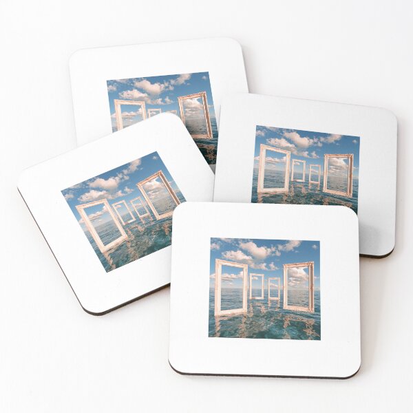 Item preview, Surreal Seascape Conceptual Art: Ornate Empty Pink Frames Floating on Wavy Sea under Cloudy Blue Sky designed and sold by D Digital Art.