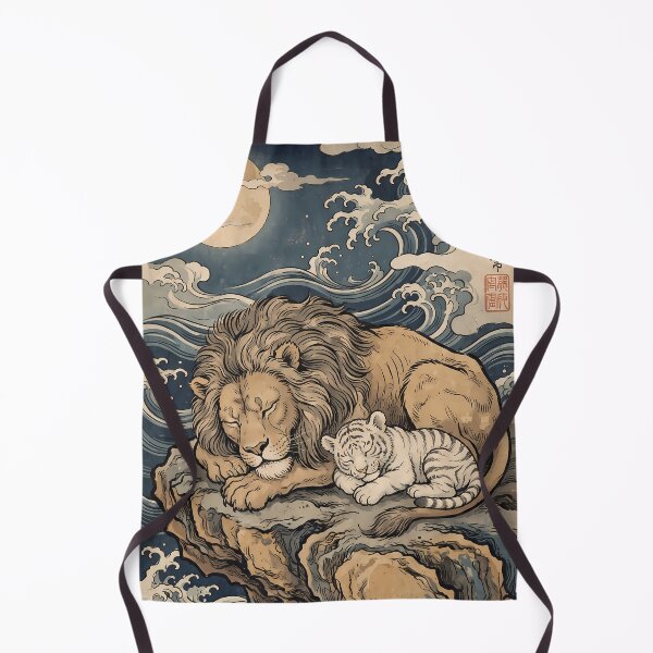Item preview, Sleeping Lion and White Tiger Cub Ukiyo-e Art | Japanese Moonlit Ocean Animal Illustration designed and sold by ManJiangHong.