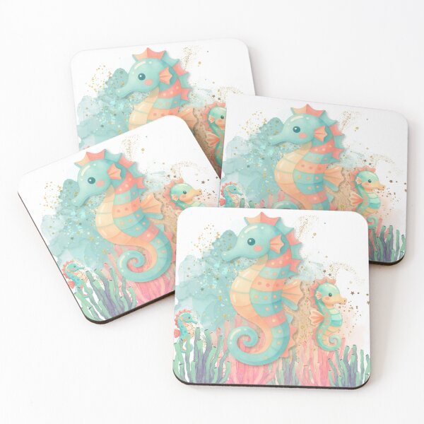 Item preview, Cute Watercolor Seahorse Family with Coral Reef & Gold Glitter Splash Art designed and sold by DonnaRaine.