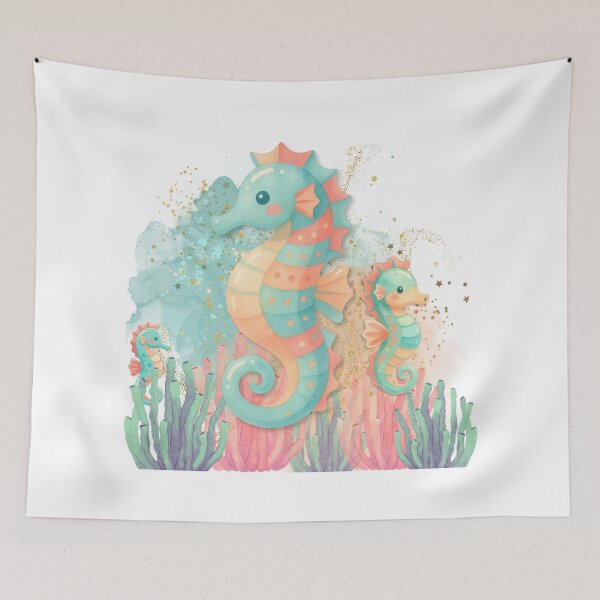 Item preview, Cute Watercolor Seahorse Family with Coral Reef & Gold Glitter Splash Art designed and sold by DonnaRaine.