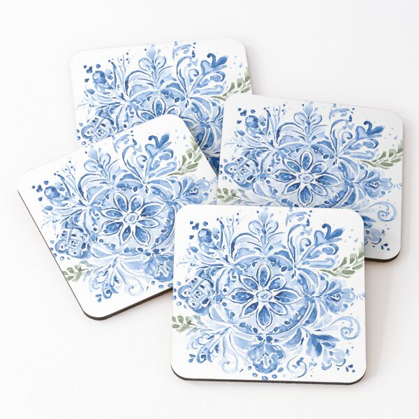 Item preview, Blue Azulejo Watercolor Pattern - Portuguese Tile Eight-Petal Flower Design designed and sold by Yoruhara.