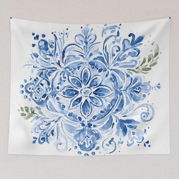 Item preview, Blue Azulejo Watercolor Pattern - Portuguese Tile Eight-Petal Flower Design designed and sold by Nine Lives Studio.