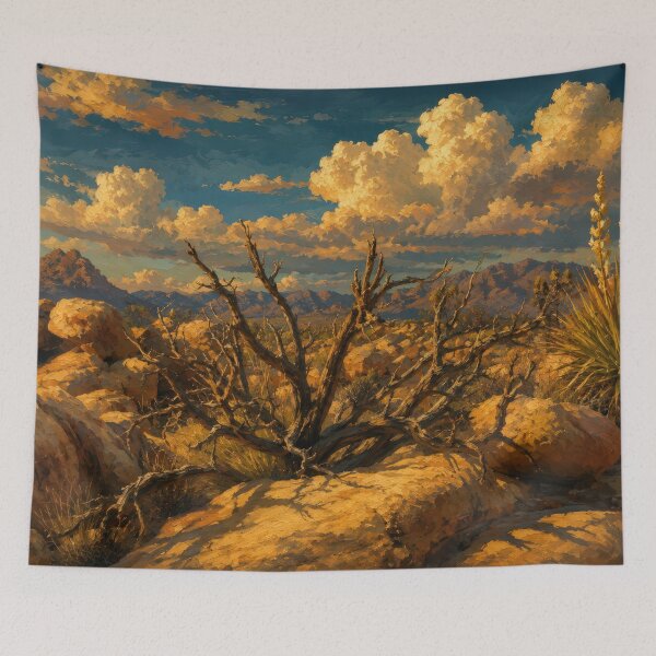 Item preview, Joshua Tree Desert at Golden Hour — Painterly Landscape with Mountain Range designed and sold by kornkobart.