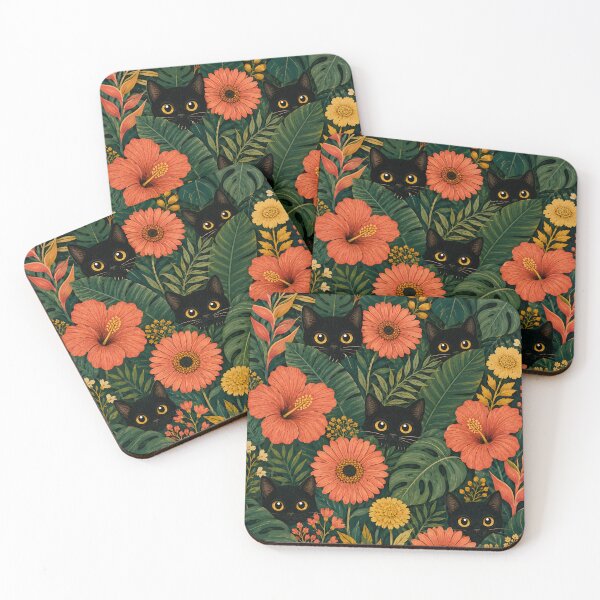 Item preview, Black Cats Peeking Through Tropical Blooms designed and sold by Jozefin's Studio.