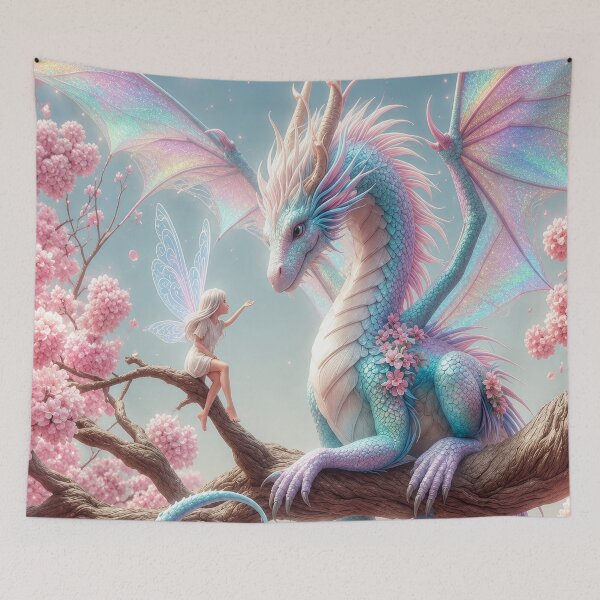 Item preview, Fairy Blossom Dragon – Pastel Fantasy Dragon & Fairy Cherry Blossom Art designed and sold by DrakariArt.