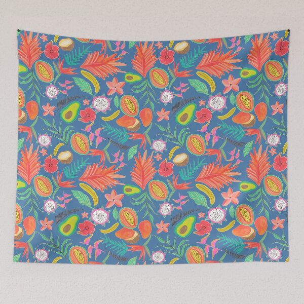 Item preview, Tropical Botanical Pattern with Blue Background and Exotic Fruits designed and sold by ElizabethCoelho.
