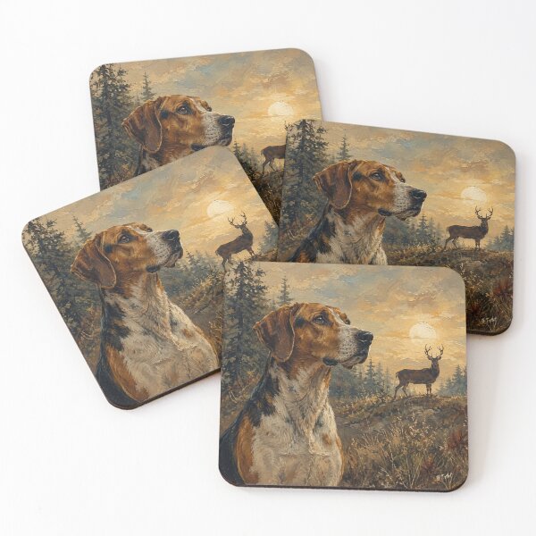 Item preview, American Foxhound with Whitetail Deer – Rustic Hunting Dog Oil Painting designed and sold by TammyHunterArt.