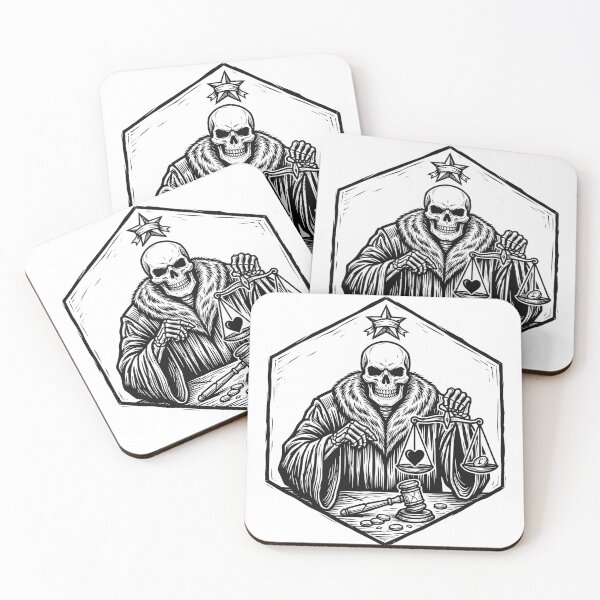 Item preview, Skeleton Judge in Fur-Collar Robe Holding Scales with Heart and Coin Beside Wooden Gavel designed and sold by MisteryDesigner.