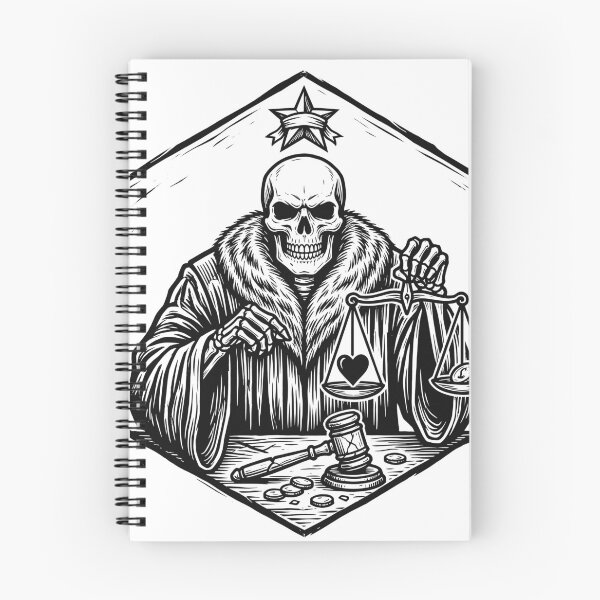 Item preview, Skeleton Judge in Fur-Collar Robe Holding Scales with Heart and Coin Beside Wooden Gavel designed and sold by MisteryDesigner.