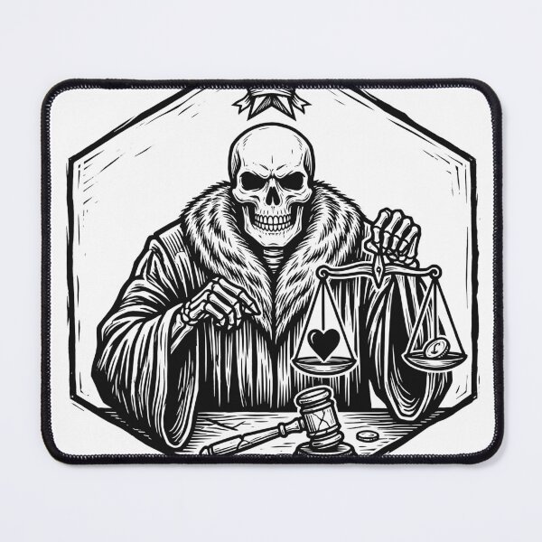 Item preview, Skeleton Judge in Fur-Collar Robe Holding Scales with Heart and Coin Beside Wooden Gavel designed and sold by MisteryDesigner.