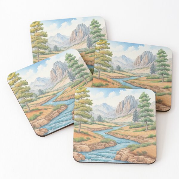 Item preview, Serene Nature: Artistic Illustration of a River Flowing Through a Valley with Mountains and Golden Meadows designed and sold by Karina Creative Studio.