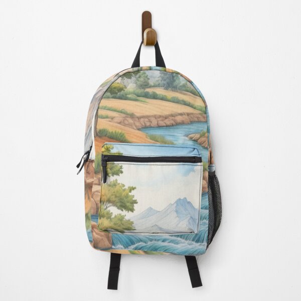 Item preview, Serene Nature: Artistic Illustration of a River Flowing Through a Valley with Mountains and Golden Meadows designed and sold by Karina Creative Studio.