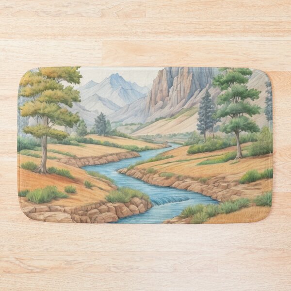 Item preview, Serene Nature: Artistic Illustration of a River Flowing Through a Valley with Mountains and Golden Meadows designed and sold by Karina Creative Studio.