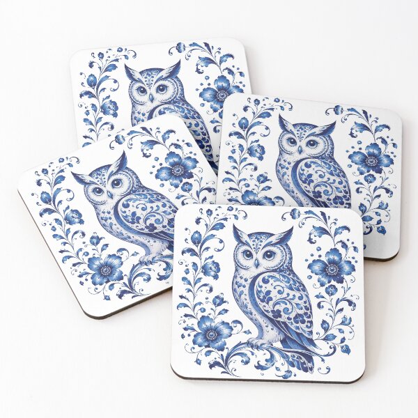 Item preview, Blue Delft Style Owl Floral Folk Art Illustration Elegant Chinoiserie Owl Botanical Ceramic Design designed and sold by Gold Turtle  Lina.