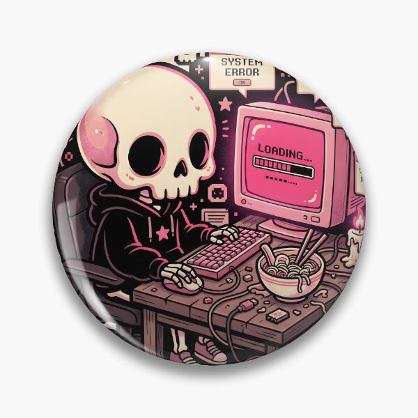 Item preview, Skeleton in Black Hoodie Sitting at Retro Computer Desk with Error Messages and Noodles designed and sold by MisteryDesigner.