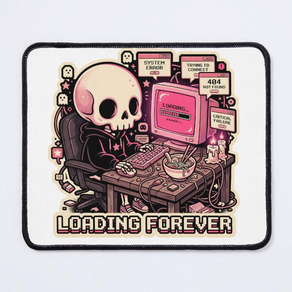 Item preview, Skeleton in Black Hoodie Sitting at Retro Computer Desk with Error Messages and Noodles designed and sold by MisteryDesigner.
