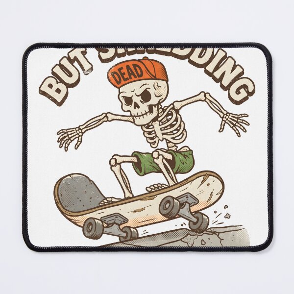 Item preview, Skeleton in Orange Cap Labeled Dead Riding Skateboard with Text Dead But Shredding Mostly designed and sold by MisteryDesigner.