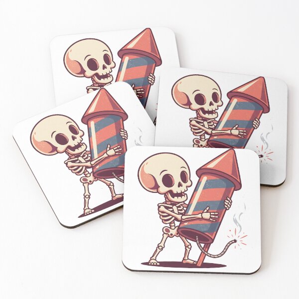 Item preview, Cartoon Skeleton Holding Large Red and Blue Striped Firework Rocket with Lit Fuse designed and sold by MisteryDesigner.