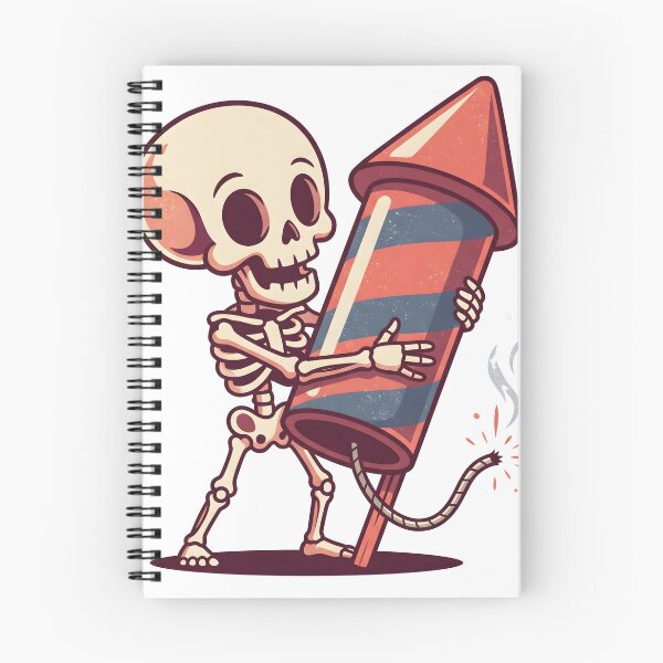 Item preview, Cartoon Skeleton Holding Large Red and Blue Striped Firework Rocket with Lit Fuse designed and sold by MisteryDesigner.