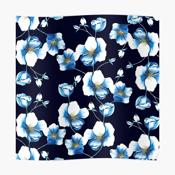 Blue Floral Scroll Print Poster